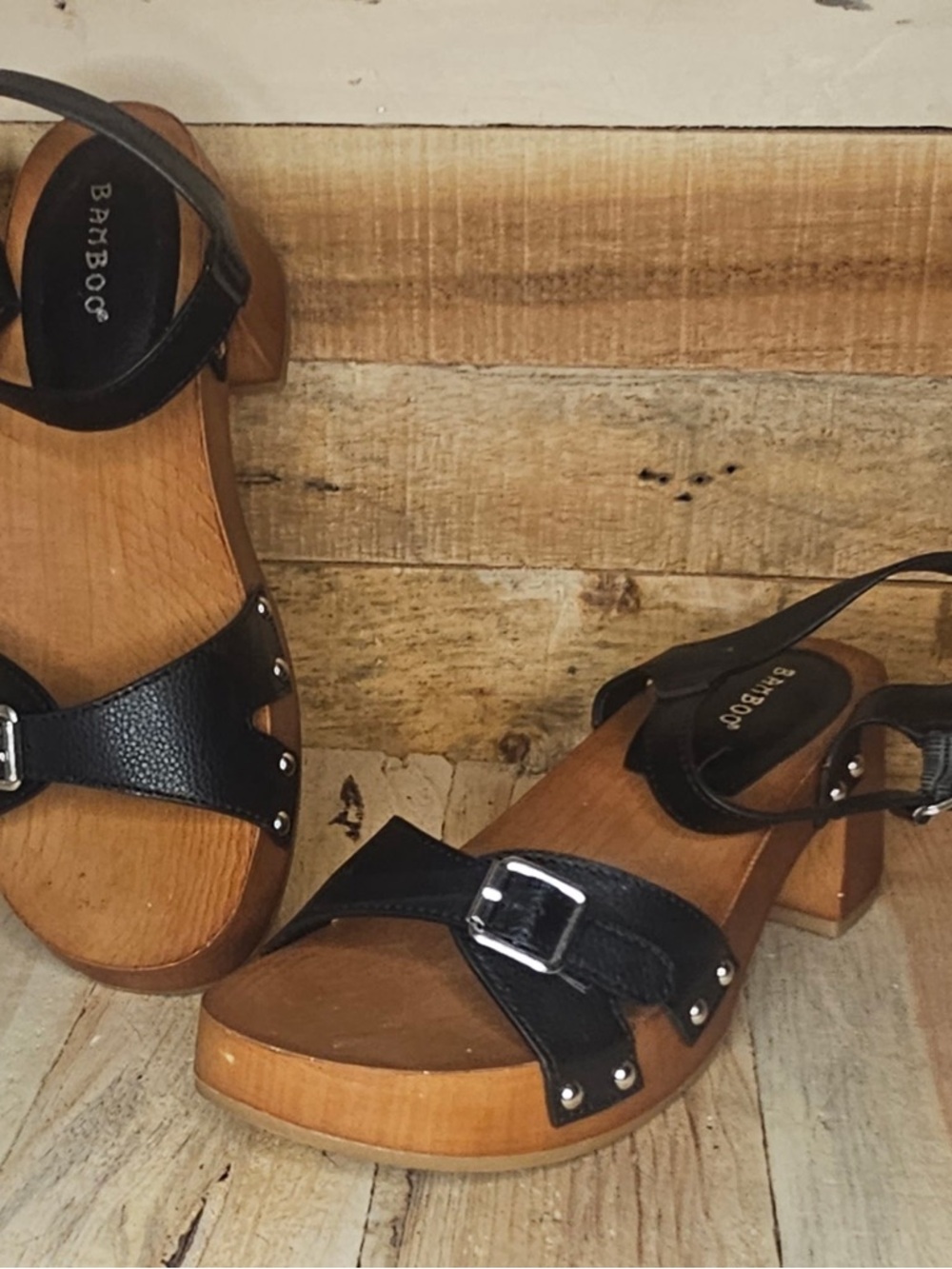 BAMBOO Black Strap Wooden Block Heel Sandals